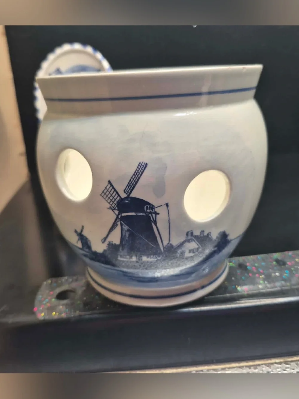 Vintage Genuine Delft Lot Candle Holders with Windmills - Blue & White Pottery
